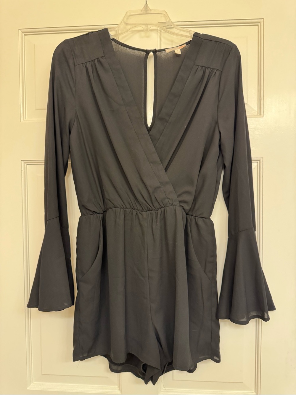 Gianni Bini Black Long-Sleeve V-Neck Romper with Bell Sleeves